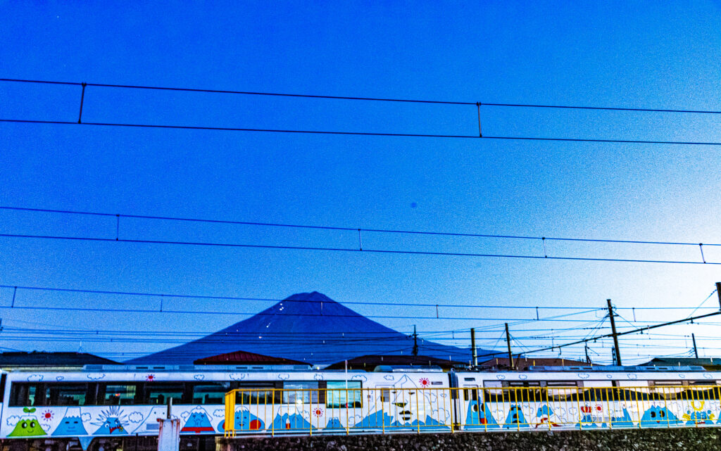 Mt Fuji behind the trains